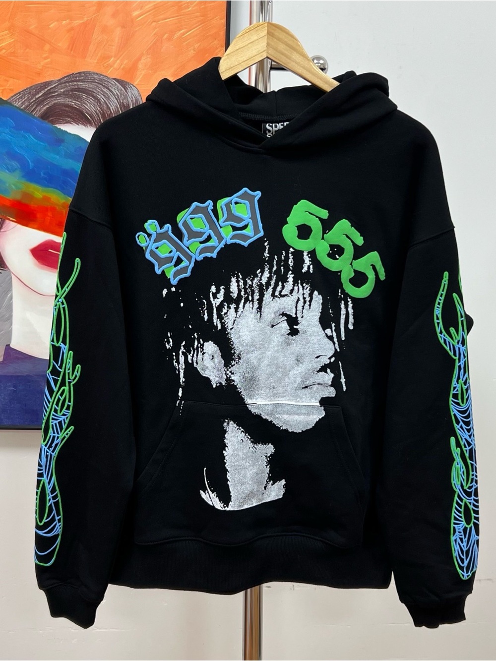 Black Graphic Crewneck Hoodie with Neon Green & Blue Accents